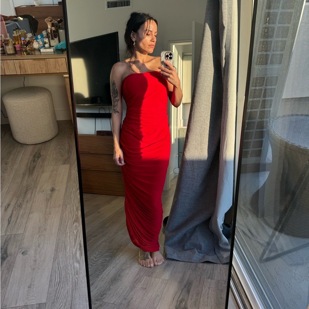 Norma Kamali Strapless Red Ruched Maxi Dress